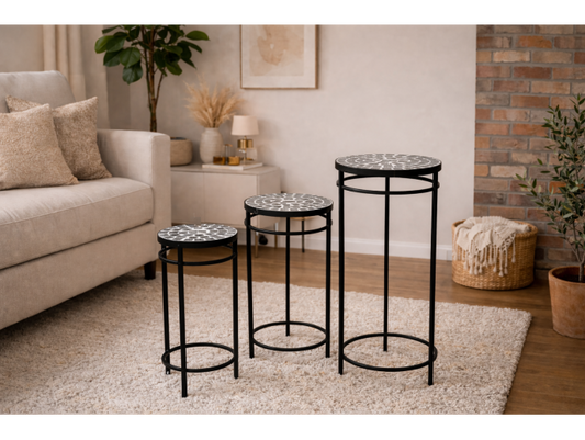 Set 3 tables mosaic top with black and white tiles