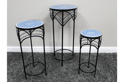 Set 3 tables mosaic top with blue and white tiles