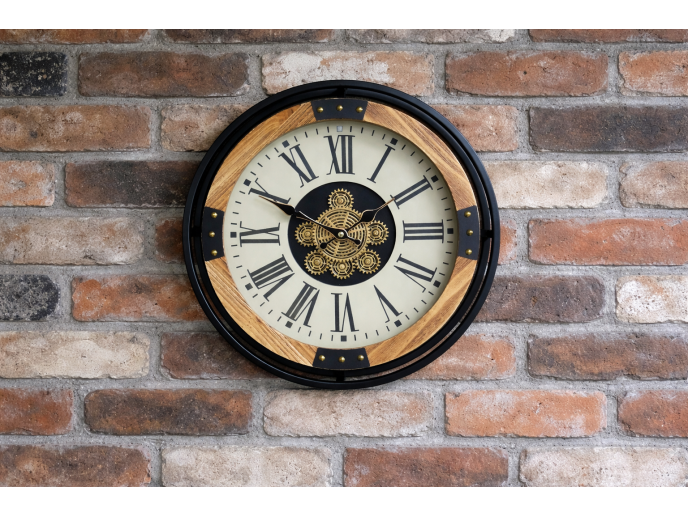 Mango Wood Cog Clock – Small Moving Gears Industrial Style Decor UK
