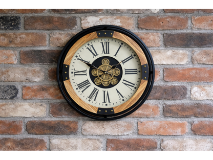 Mango Wood Cog Clock – Small Moving Gears Industrial Style Decor UK