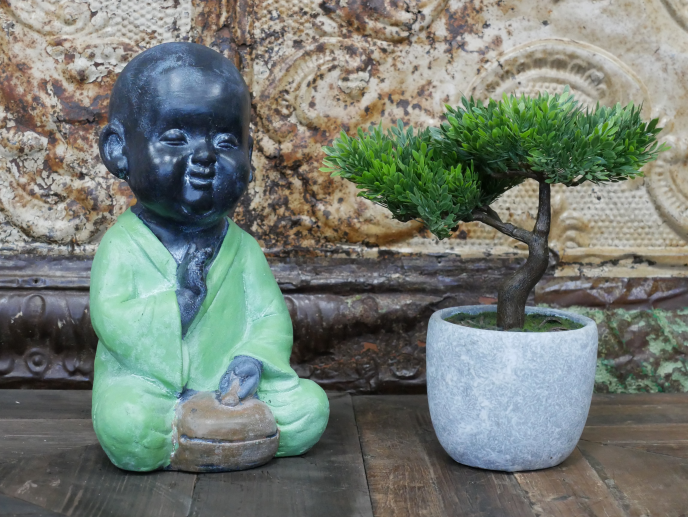 Praying Buddha Monk Statue – Green Jacket Concrete Indoor Outdoor Decor
