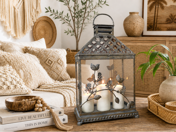 Antique Silver Floral Lantern – 50cm