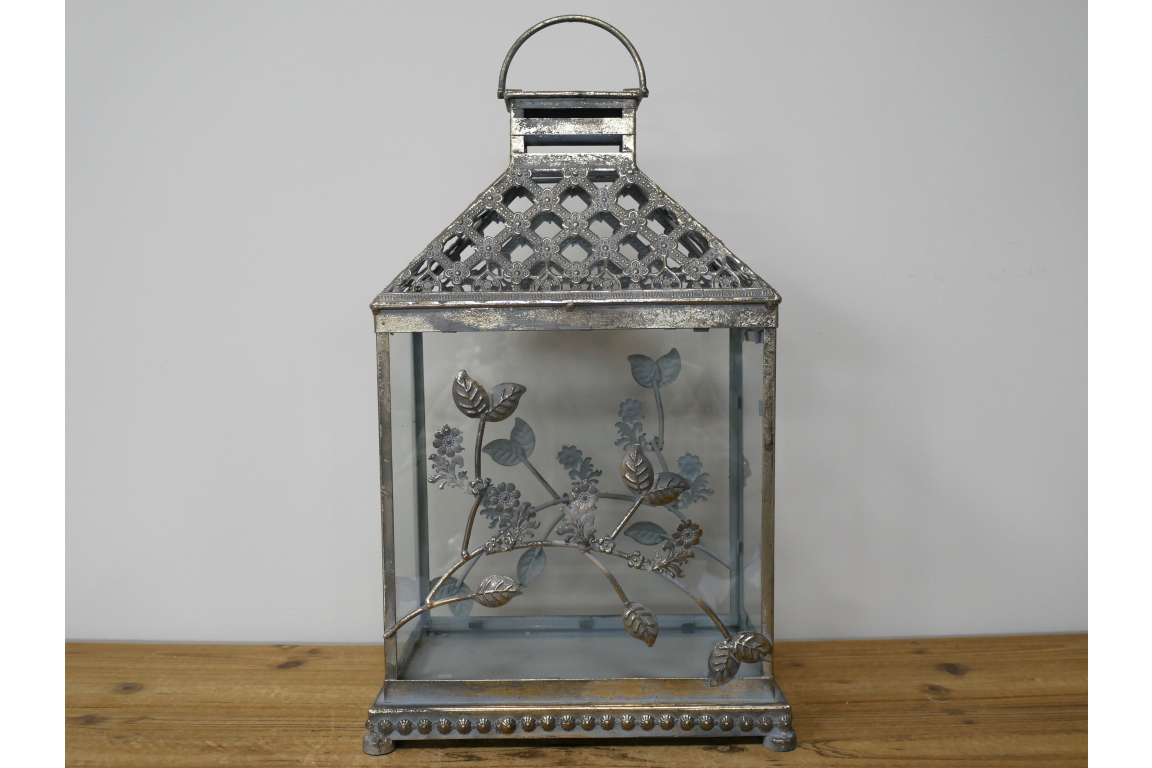 Antique Silver Floral Lantern – 50cm