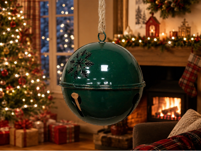 Single green hanging round bell Christmas decorations