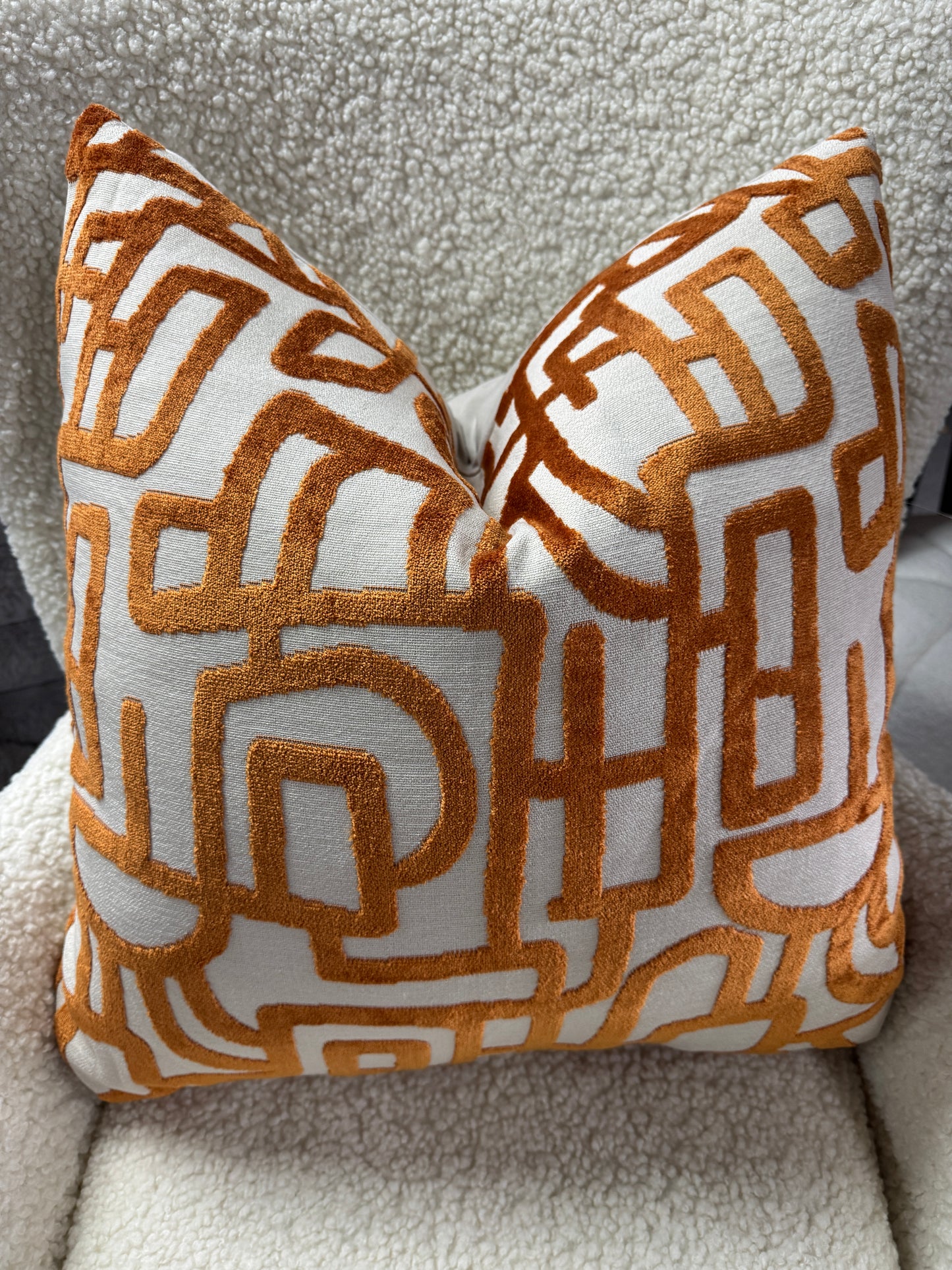 Orange abstract print cushion feather filled with cream back 60 x 60cm
