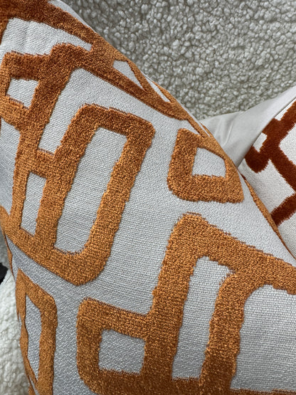 Orange abstract print cushion feather filled with cream back 60 x 60cm