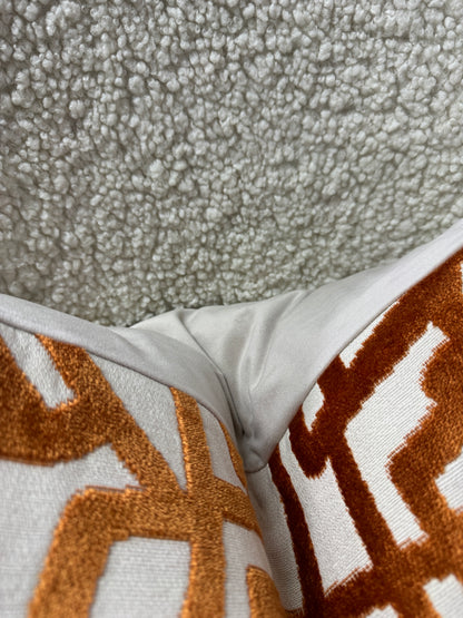 Orange abstract print cushion feather filled with cream back 60 x 60cm
