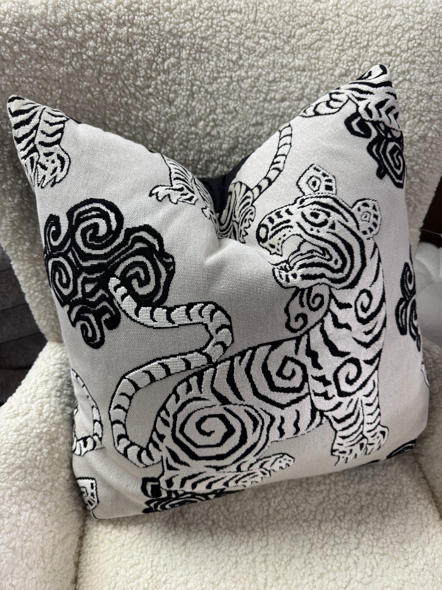 Black and cream velvet tiger cushion feather filled 60 x 60cm