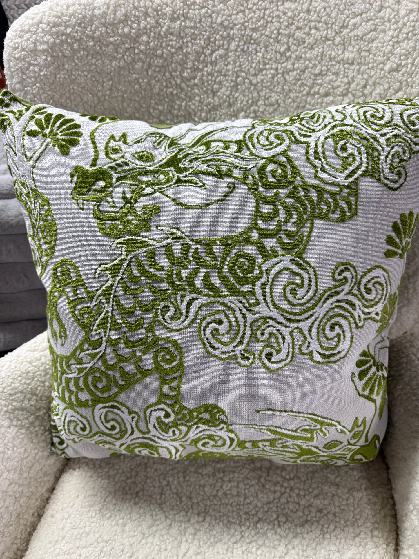 Green dragon velvet cushion feather filled 60 x 60cm