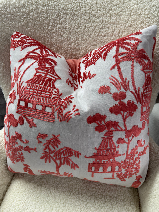 Coral pink oriental pattern feather filled cushion 60 x 60￼