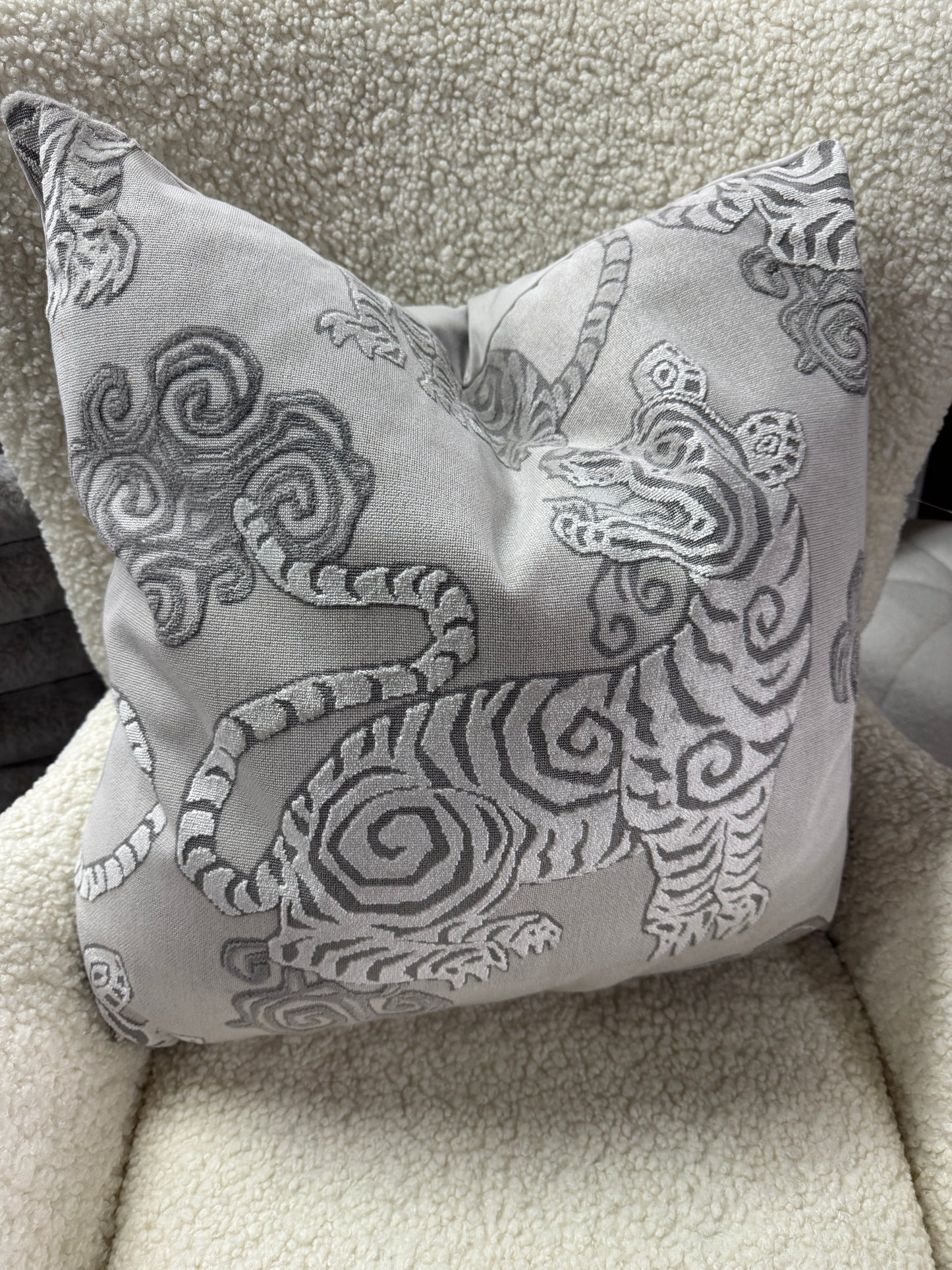 Grey tiger cushion velvet, feather filled, 60 x 60cm