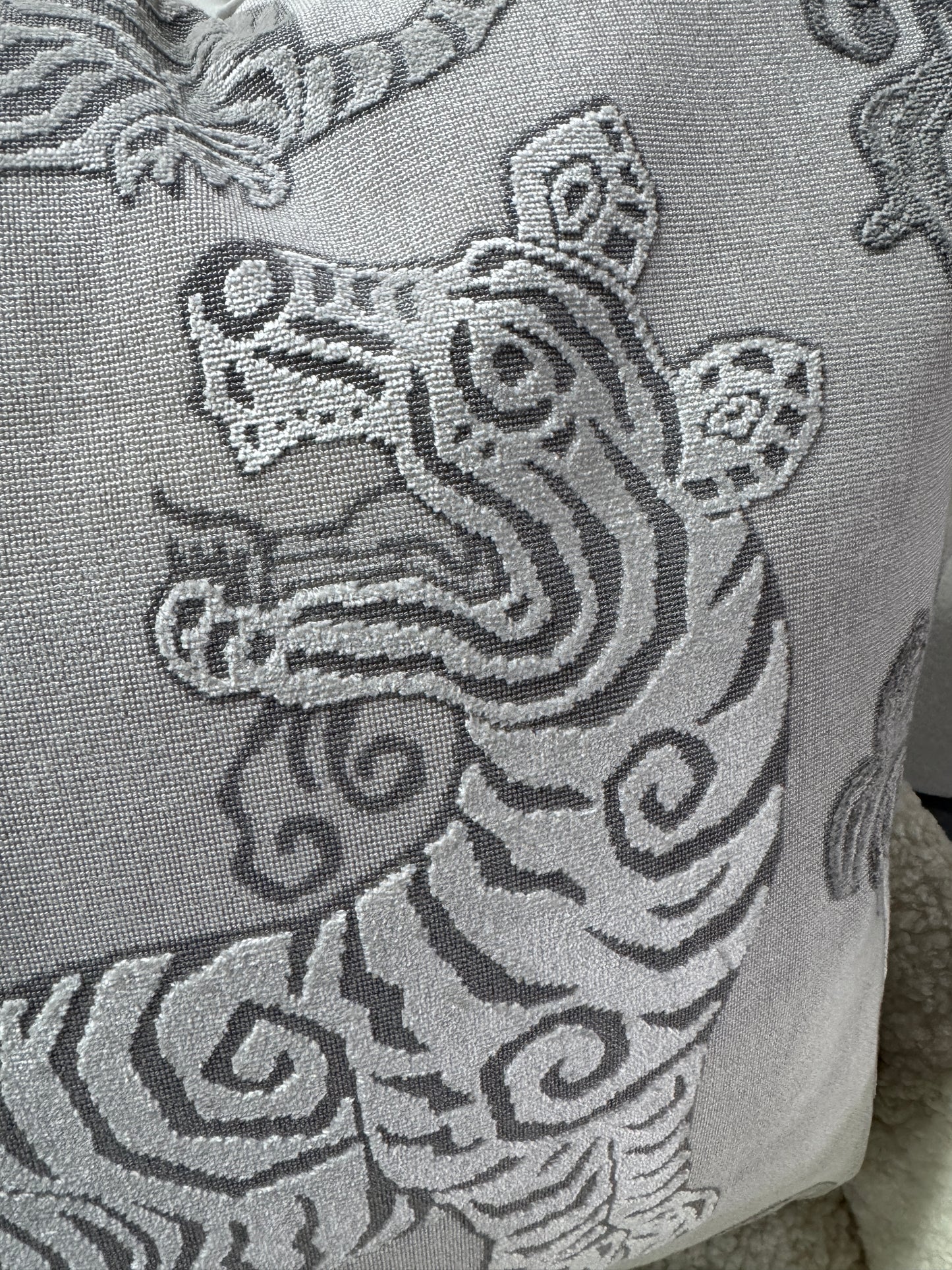 Grey tiger cushion velvet, feather filled, 60 x 60cm