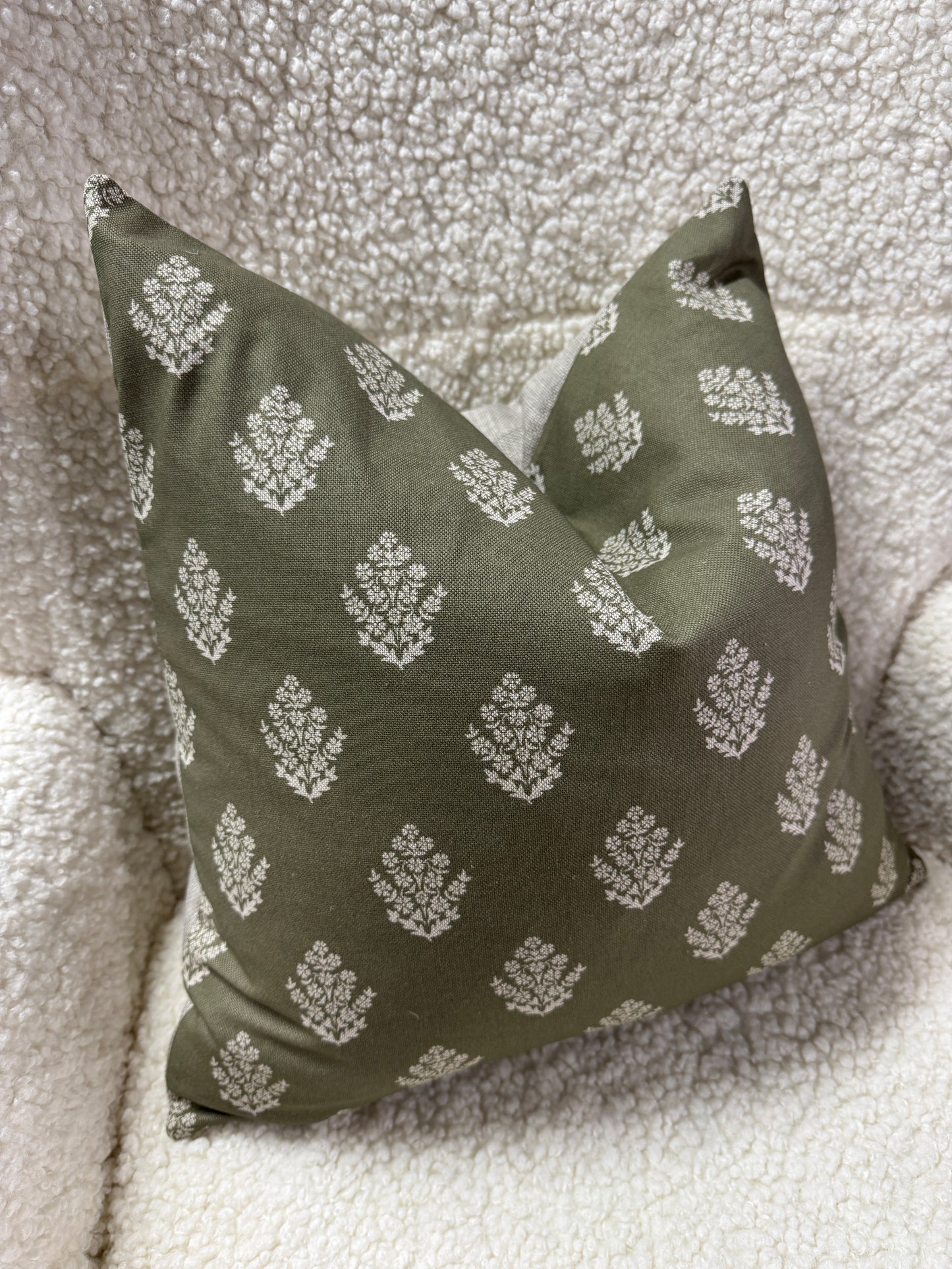 Green linen leaf pattern cushion feather filled 45 x 45cm