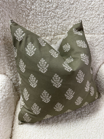 Green linen leaf pattern cushion feather filled 45 x 45cm