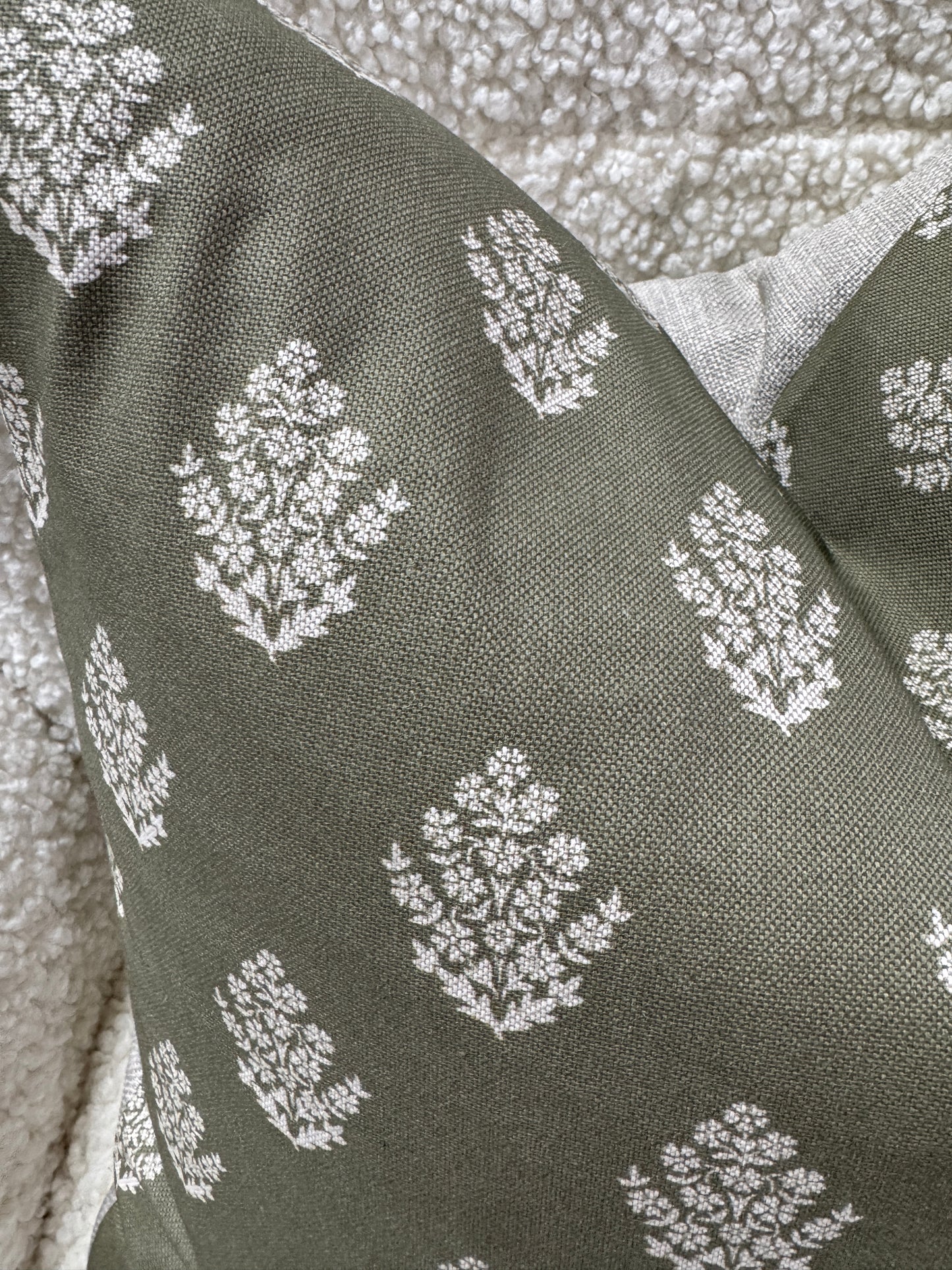 Green linen leaf pattern cushion feather filled 45 x 45cm
