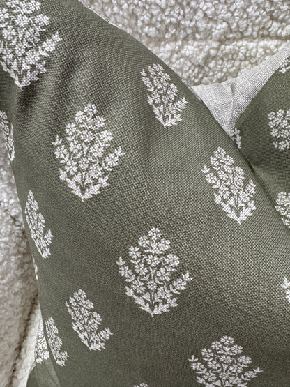 Green linen leaf pattern cushion feather filled 45 x 45cm