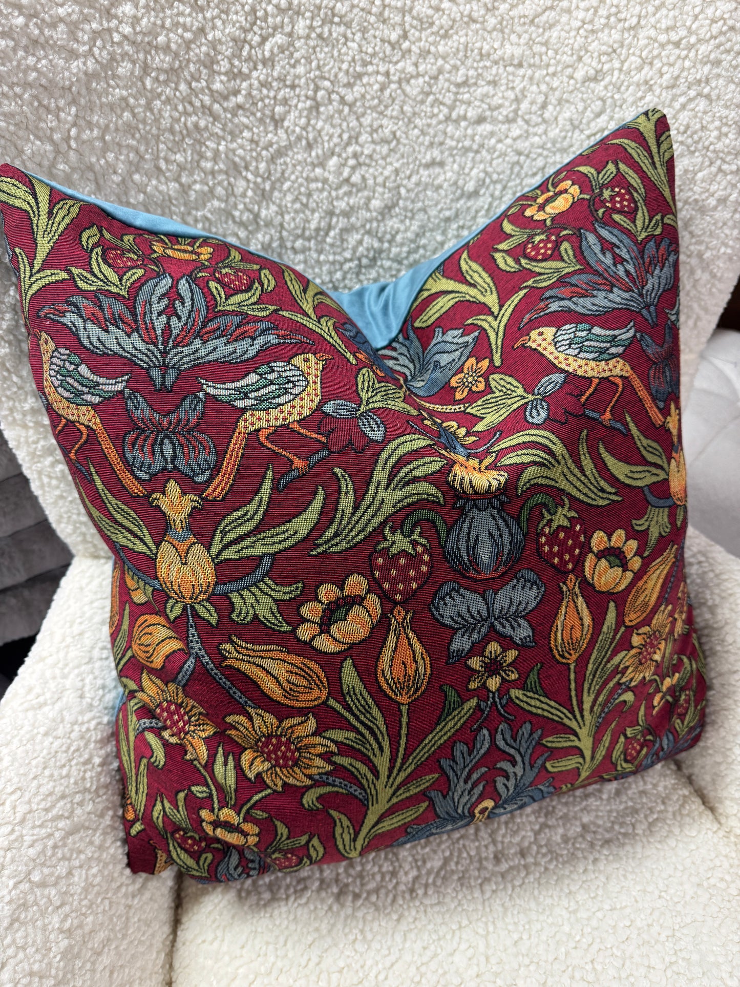 Strawberry thief tapestry cushion 58 x 58cm feather filled