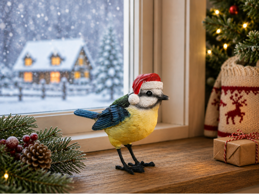 Christmas blue bird statue with Santa hat