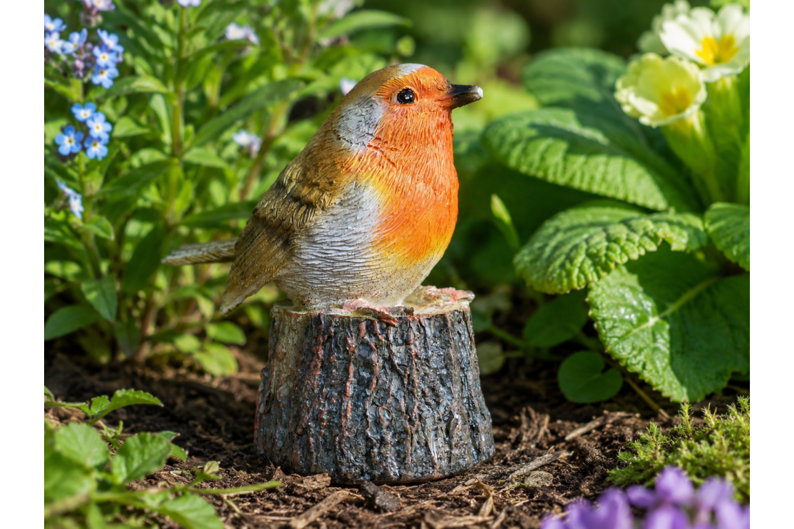 tweeting Robin on a log statue for the garden sensor activated