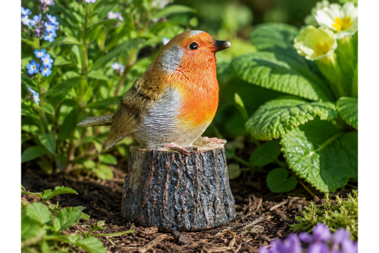 tweeting Robin on a log statue for the garden sensor activated
