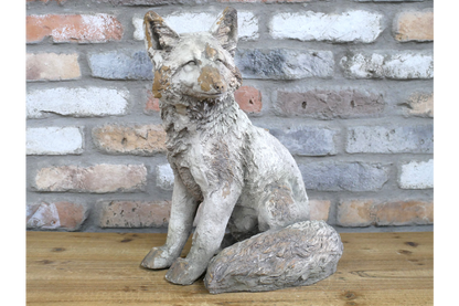 Concrete Effect Sitting Fox Statue – Rustic Garden & Indoor Ornament