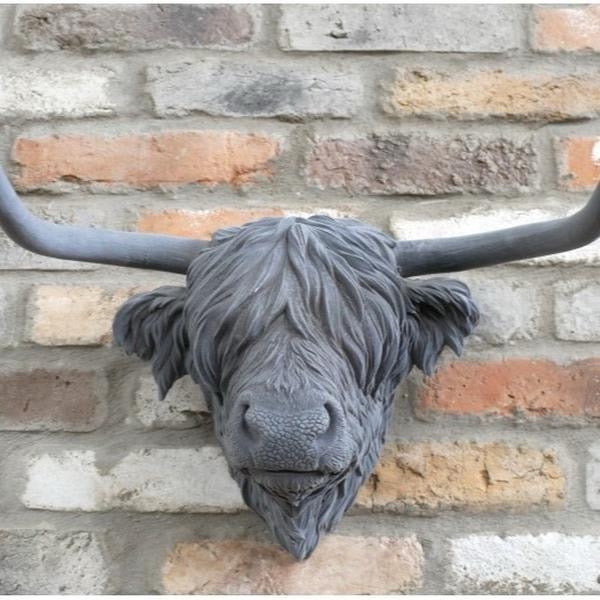 Grey Flocked Highland Cow Head Wall Ornament – Luxury Velvet Finish (46cm)