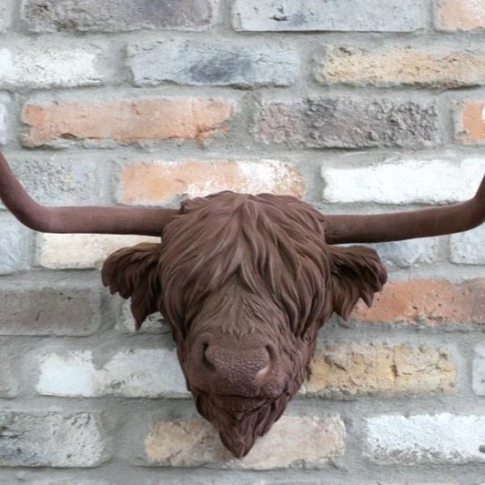 Brown Flocked Highland Cow Head Wall Ornament – Velvet Finish (46cm)