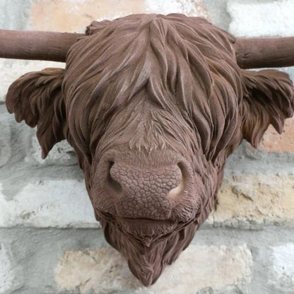Brown Flocked Highland Cow Head Wall Ornament – Velvet Finish (46cm)