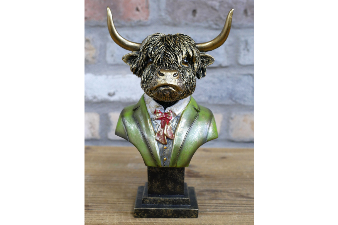 Highland Cow Bust Statue in Green Suit with Red Bow Tie Unique Decorative Piece
