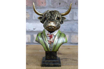Highland Cow Bust Statue in Green Suit with Red Bow Tie Unique Decorative Piece