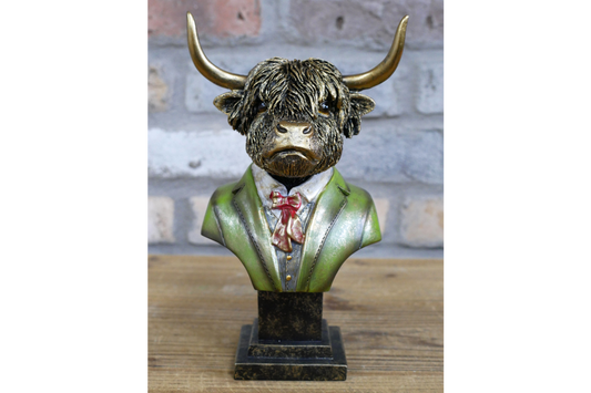 Highland Cow Bust Statue in Green Suit with Red Bow Tie Unique Decorative Piece