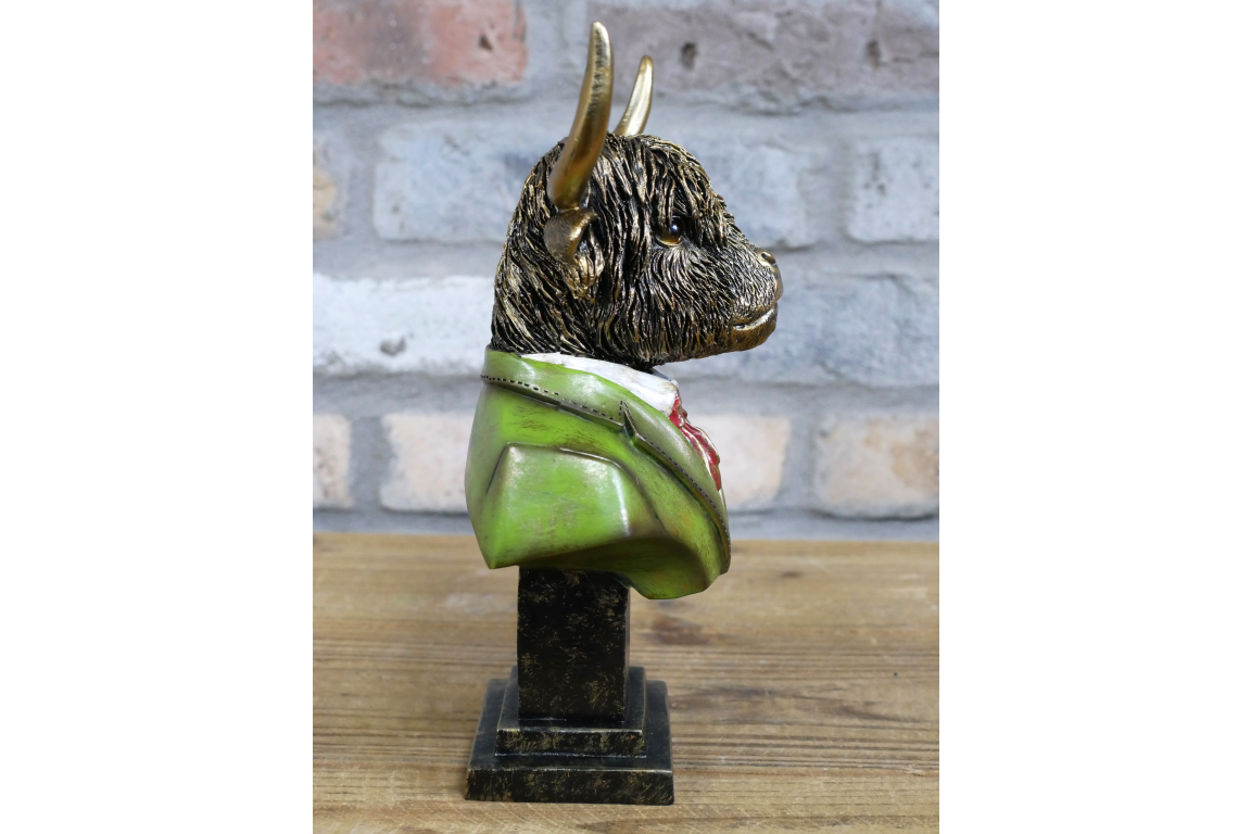 Highland Cow Bust Statue in Green Suit with Red Bow Tie Unique Decorative Piece