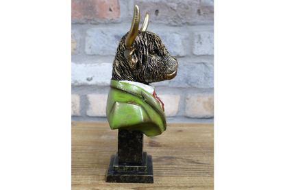 Highland Cow Bust Statue in Green Suit with Red Bow Tie Unique Decorative Piece