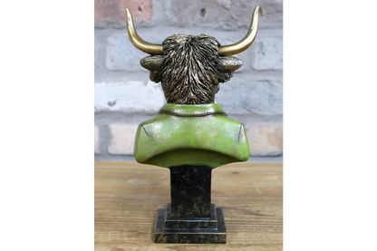 Highland Cow Bust Statue in Green Suit with Red Bow Tie Unique Decorative Piece