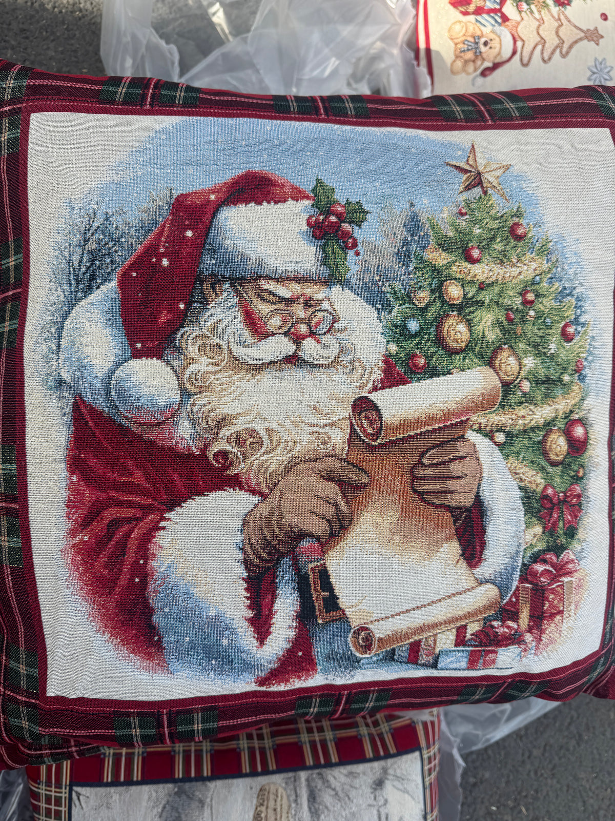 60 x 60 tapestry Santa reading scroll green tartan edge feather filled
