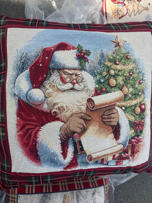 60 x 60 tapestry Santa reading scroll green tartan edge feather filled