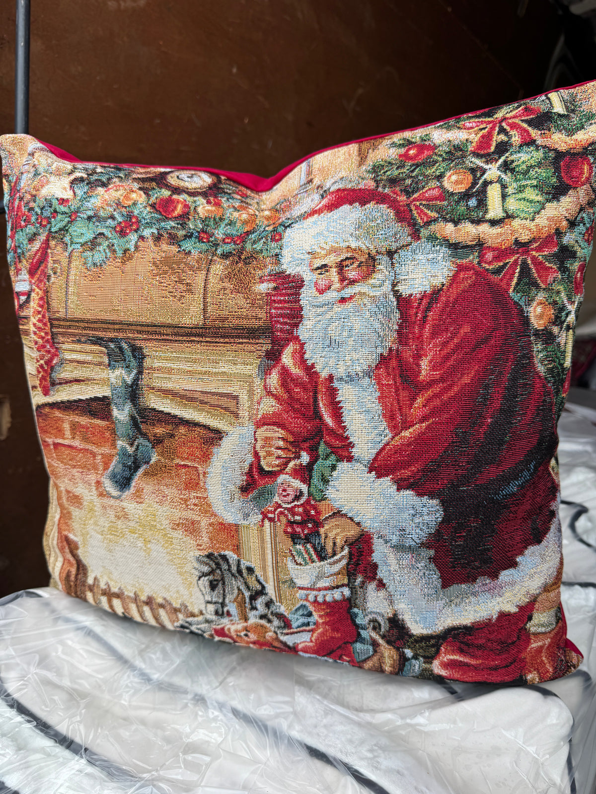 Santa by the fireplace tapestry cushion 50 x 50cm feather filled