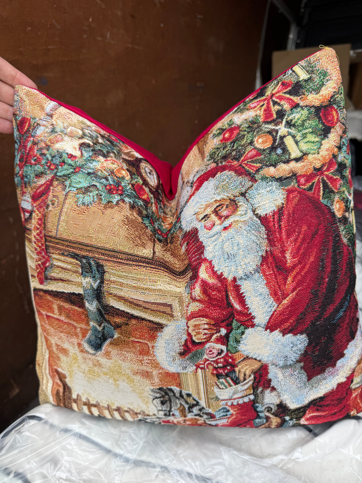 Santa by the fireplace tapestry cushion 50 x 50cm feather filled