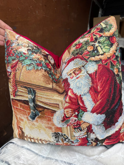 Santa by the fireplace tapestry cushion 50 x 50cm feather filled