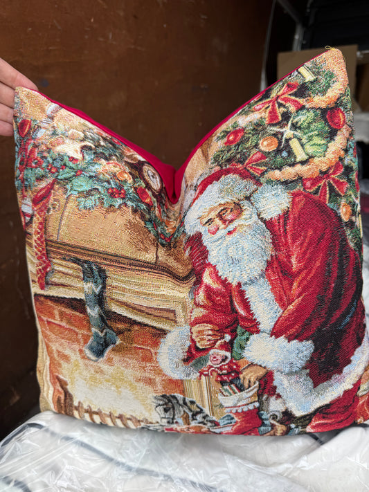 Santa by the fireplace tapestry cushion 50 x 50cm feather filled