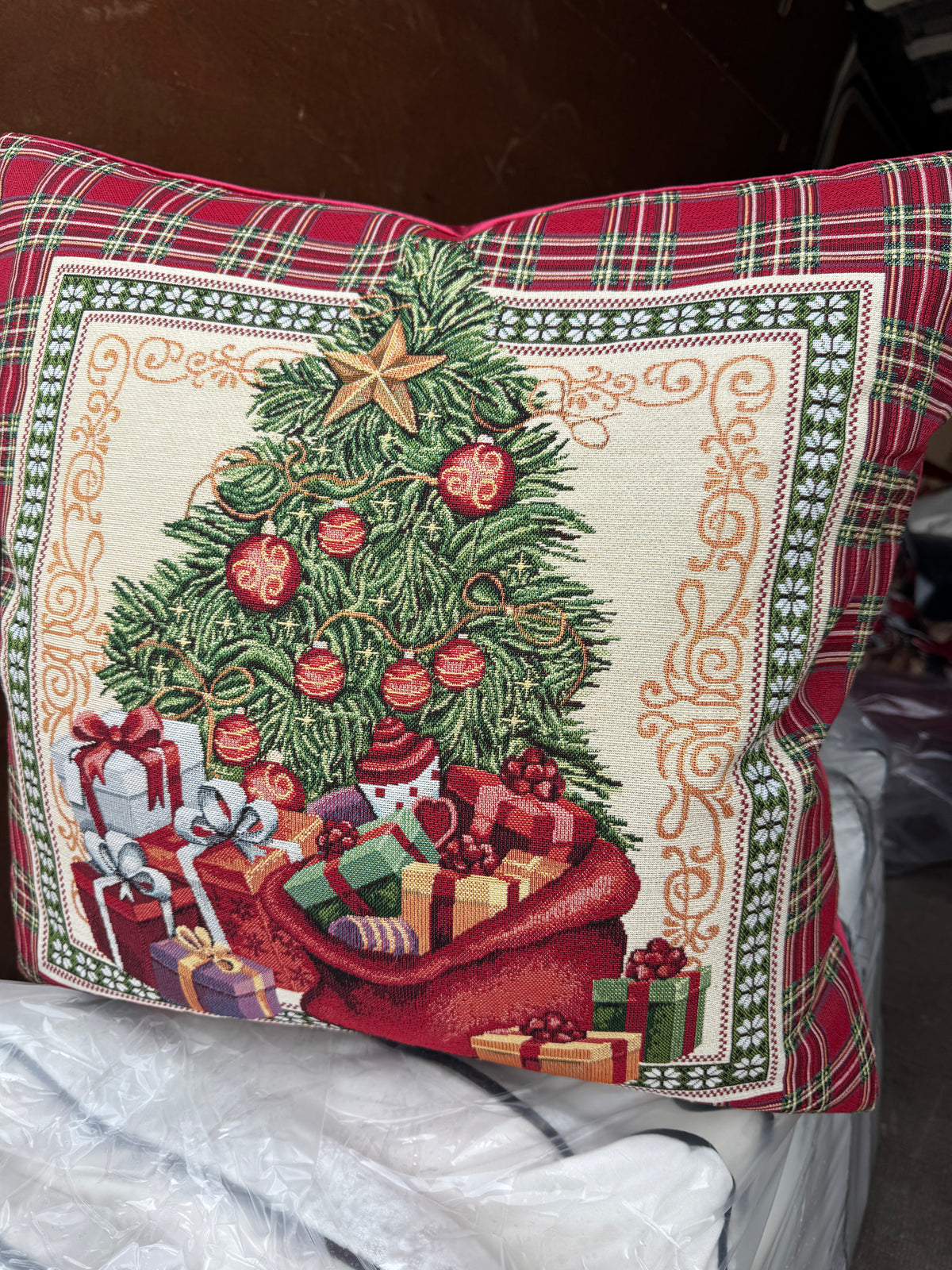 60 x 60 tapestry Xmas tree with present sack  feather filled