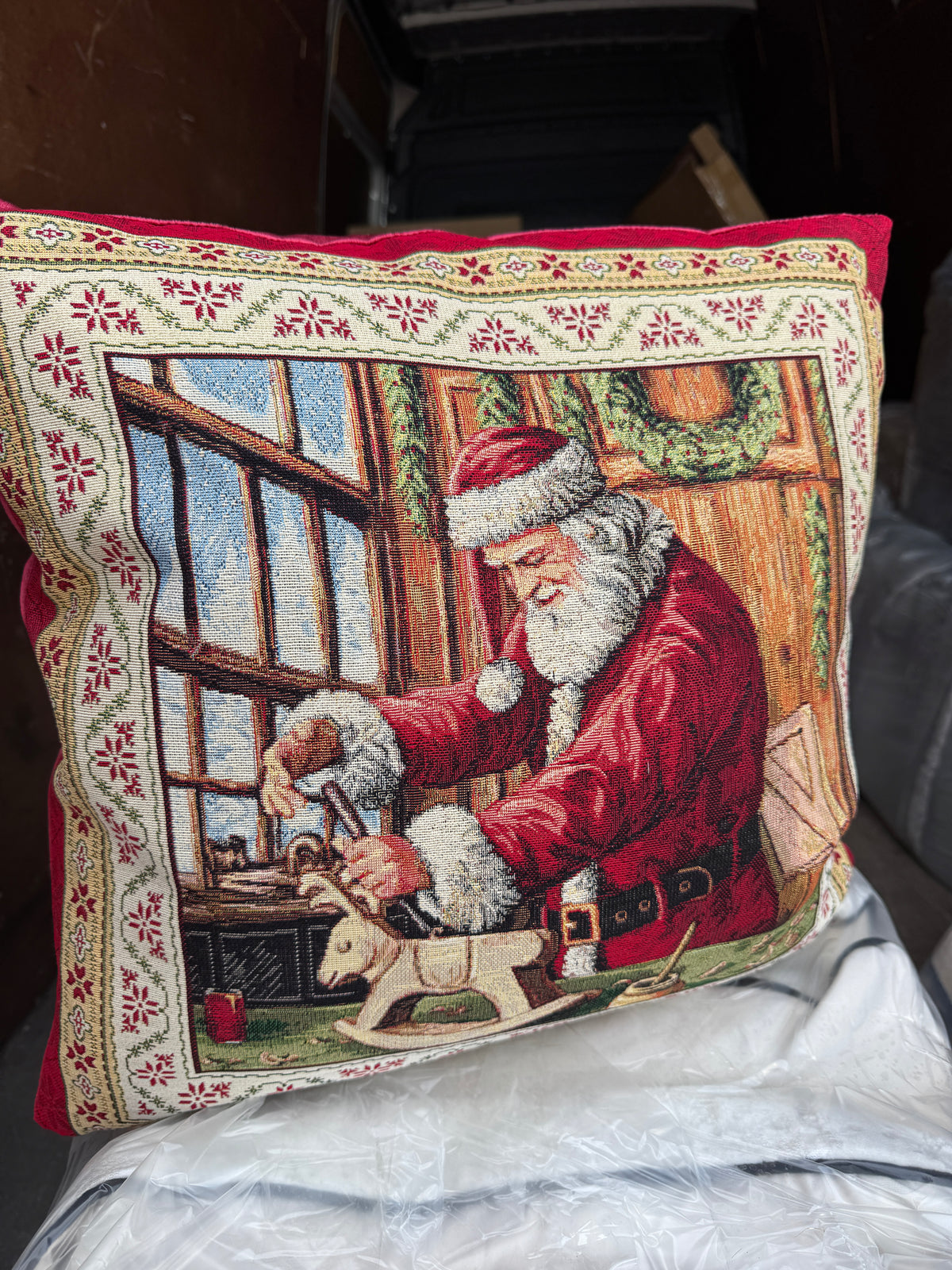 Santa in workshop reindeer toy  tapestry cushion 50 x 50cm feather filled