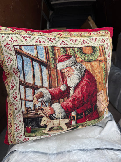 Santa in workshop reindeer toy  tapestry cushion 50 x 50cm feather filled
