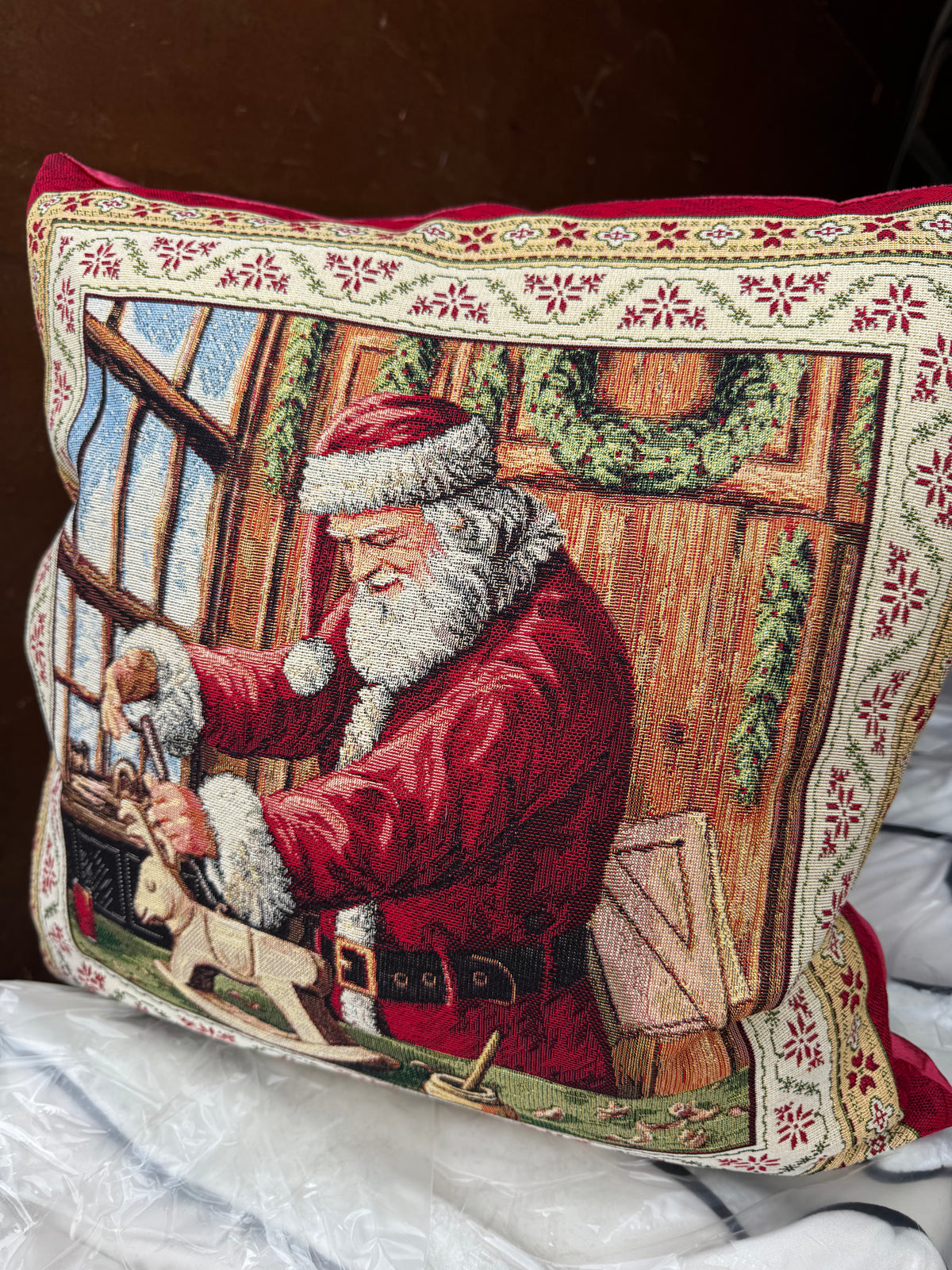 Santa in workshop reindeer toy  tapestry cushion 50 x 50cm feather filled
