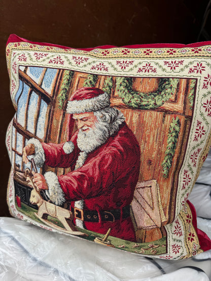 Santa in workshop reindeer toy  tapestry cushion 50 x 50cm feather filled