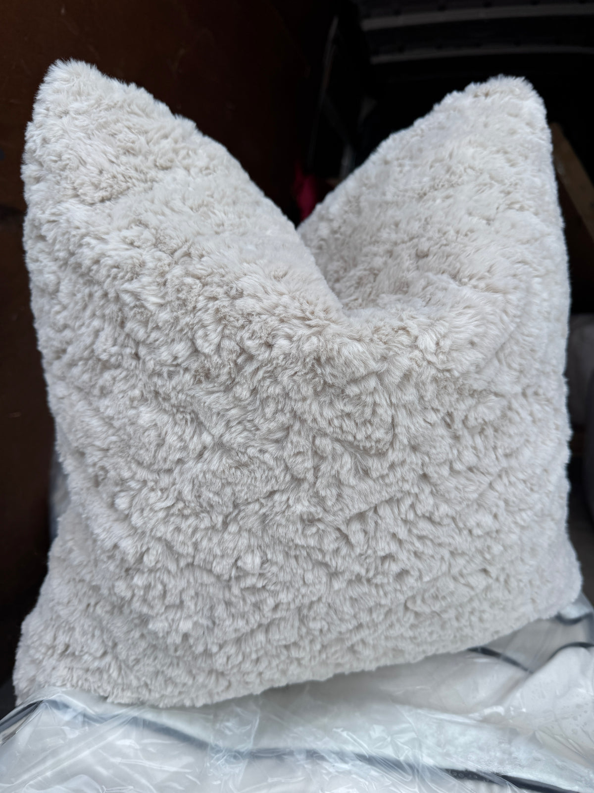 Stone /beige /taupe faux fur cushions feather filled 50 x 50cm