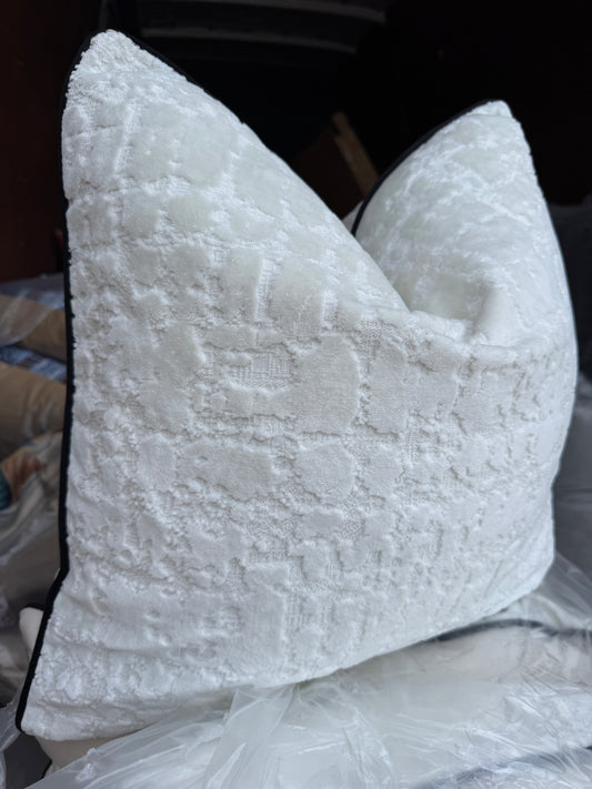 Winter white abstract cushion 50 x 50cm black piped edge feather filled
