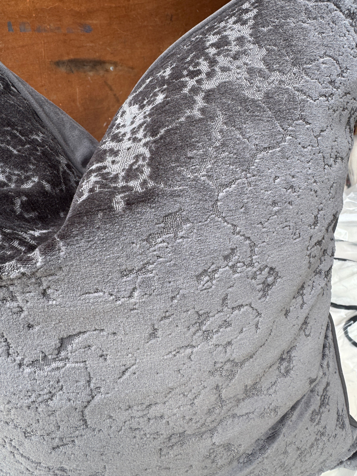 Dark grey  abstract cushion 50 x 50cm black piped edge feather filled