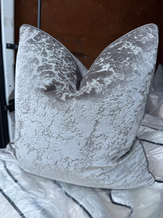 grey  /silver abstract cushion 50 x 50cm black piped edge feather filled