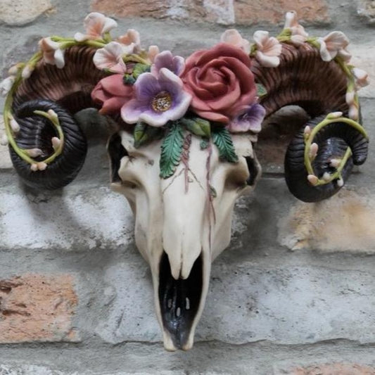 Pink Flowered Ram Head Curved Horns Wall Decor Statue with Colorful Floral Arrangement and Detailed Design